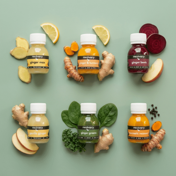 Juice Shot Variety Box, a mixed box of cold-pressed ginger, turmeric and beetroot shots