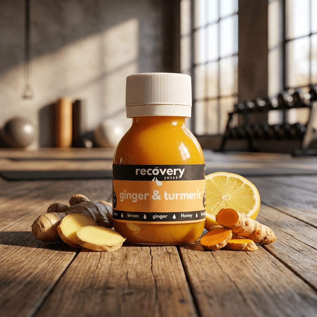 Cold-pressed ginger and turmeric wellness shot with fresh ginger, turmeric and lemon on a wooden surface