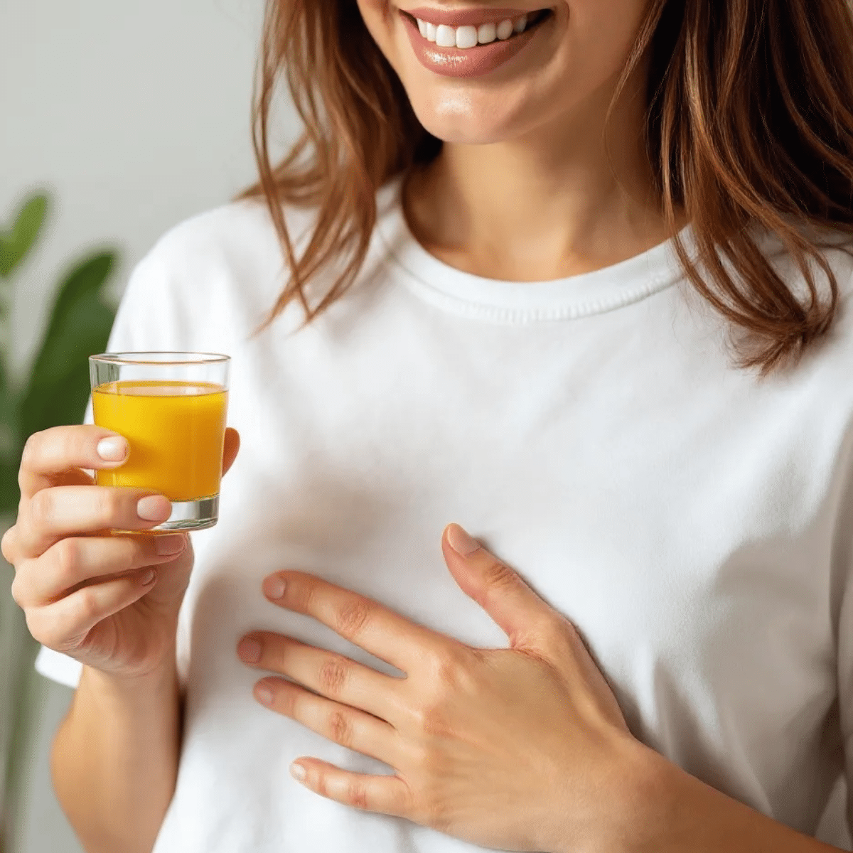 Woman smiling while holding a glass of ginger shot with a hand on her stomach, symbolising digestive comfort and gut health.