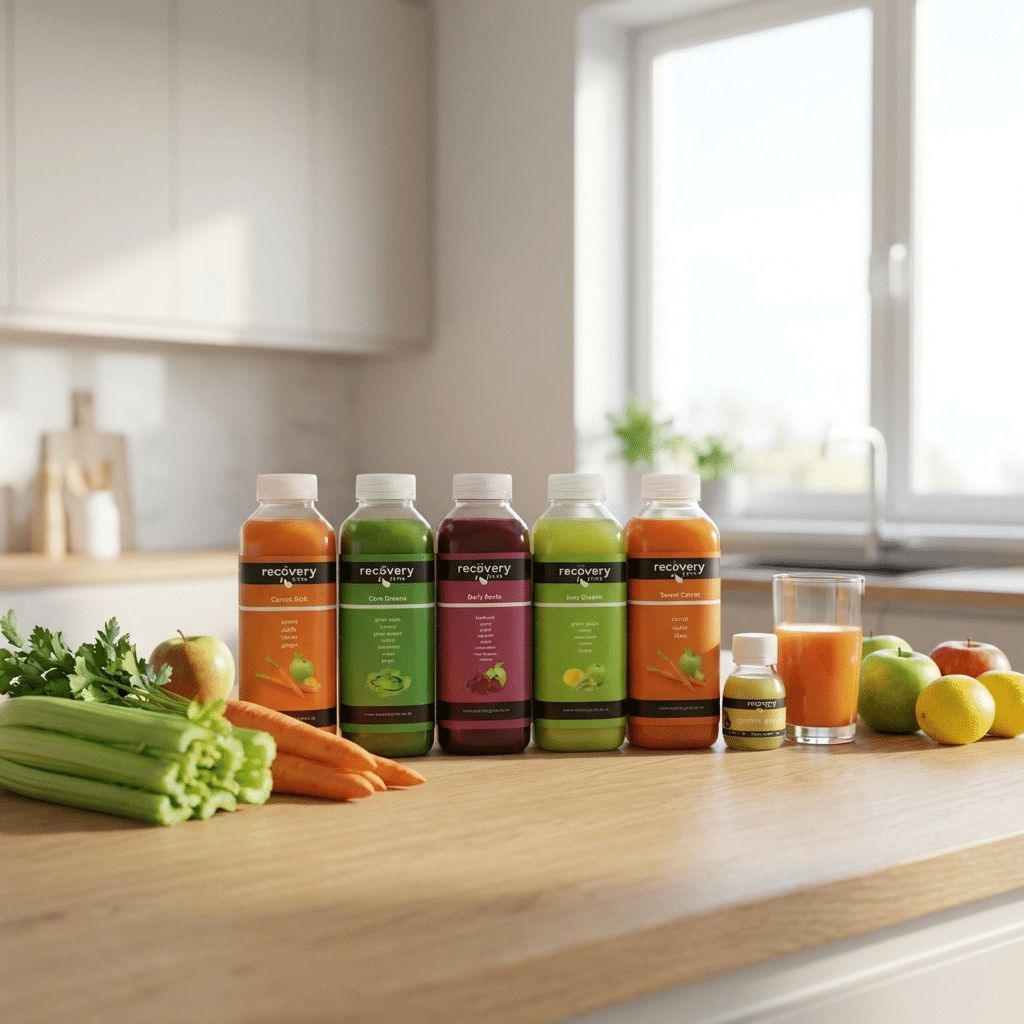 Cold-pressed juice cleanse bottles arranged with fresh vegetables on a kitchen counter