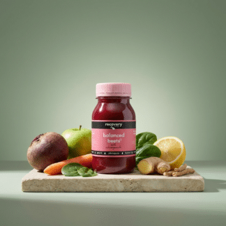 Balanced Beets cold-pressed beetroot juice with apple, carrot, spinach, ginger, lemon and ashwagandha