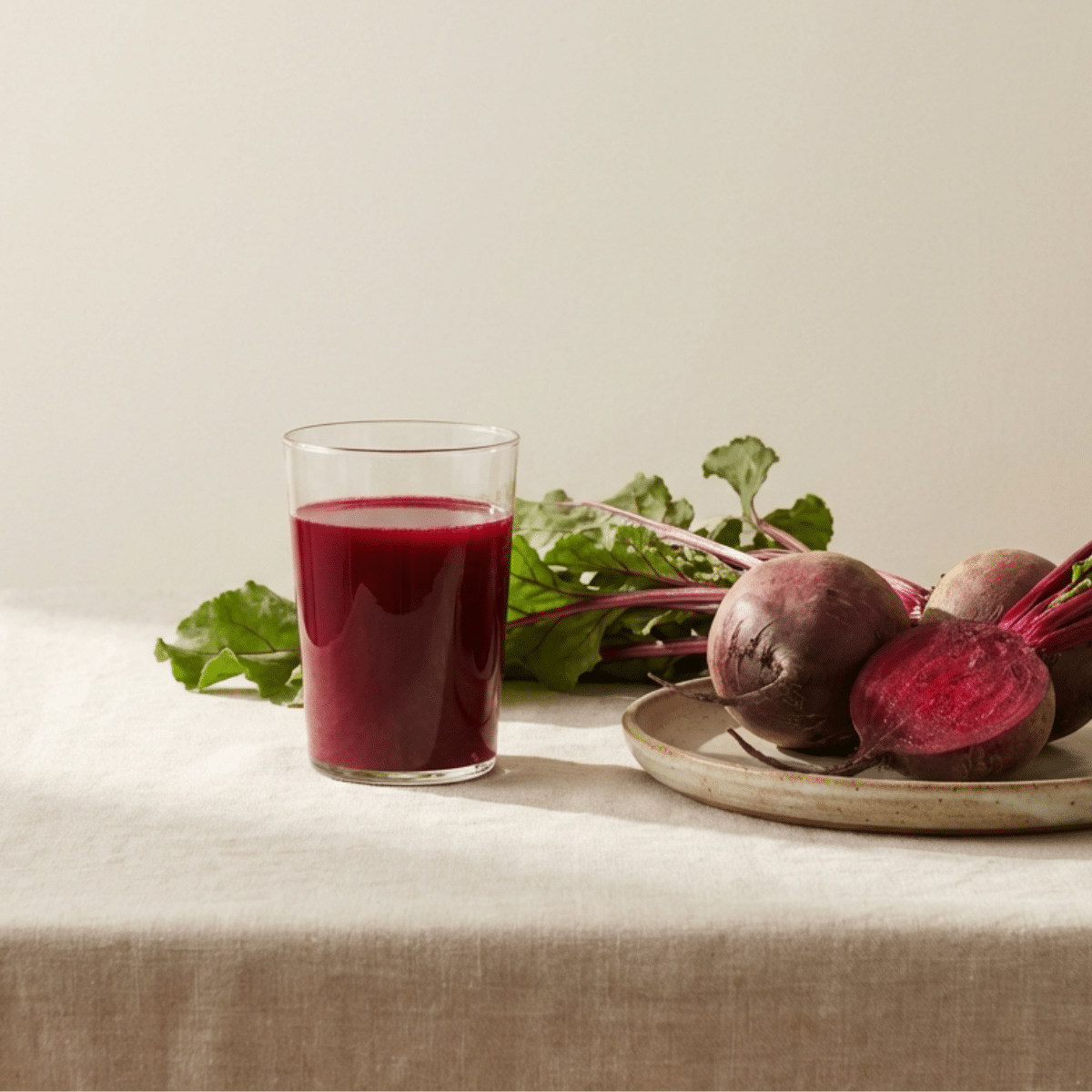 Glass of beetroot juice with fresh beetroot on a light surface, representing a daily beetroot juice routine