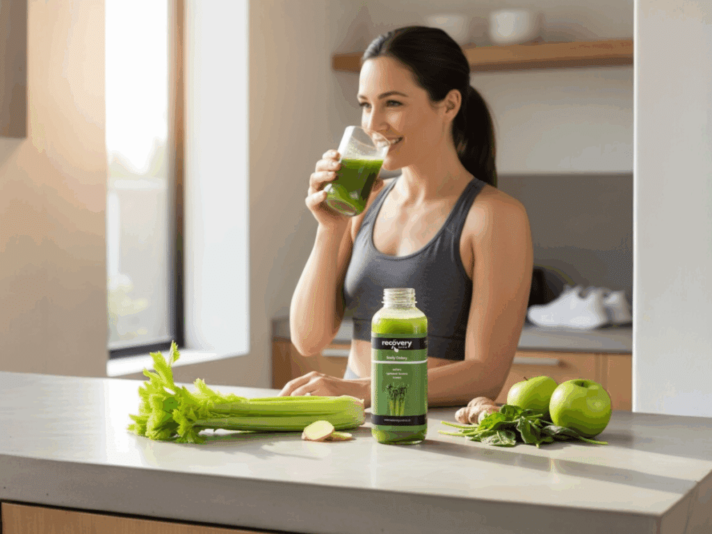 Woman drinking celery juice in the morning with fresh celery and greens on the counter – illustrating when is the best time to drink celery juice.