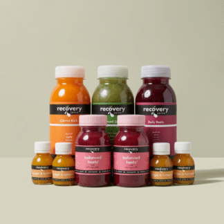Menopause support juice bundle with Balanced Beets, Daily Beets, Balanced Greens, Carrot Kick and Ginger Turmeric shots