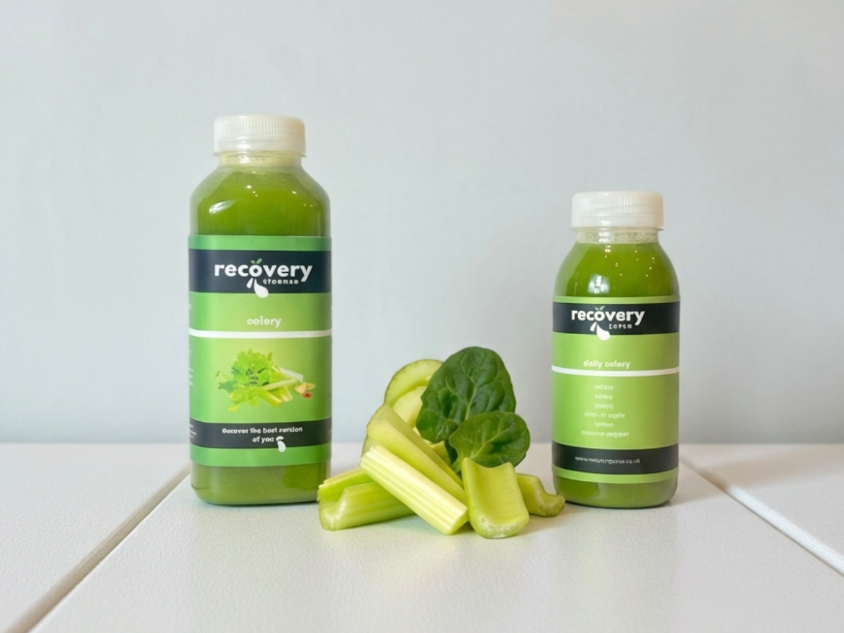 Cold-pressed daily celery juice bottles with fresh celery for gut and hydration support