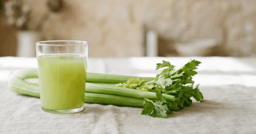 Glass of fresh celery juice beside whole celery stalks on a natural linen surface