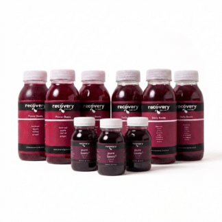 Cold-pressed beetroot juice bundle with 250ml bottles and 125ml pure beetroot bottles on white background