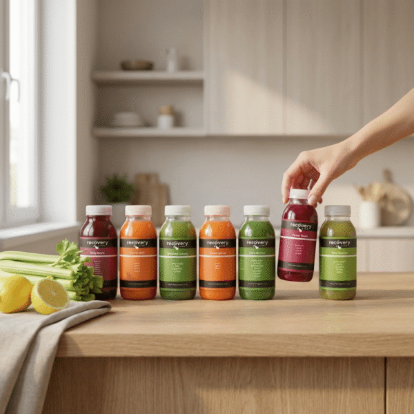 Recovery Juice daily cold-pressed juice box, a week of frozen juices