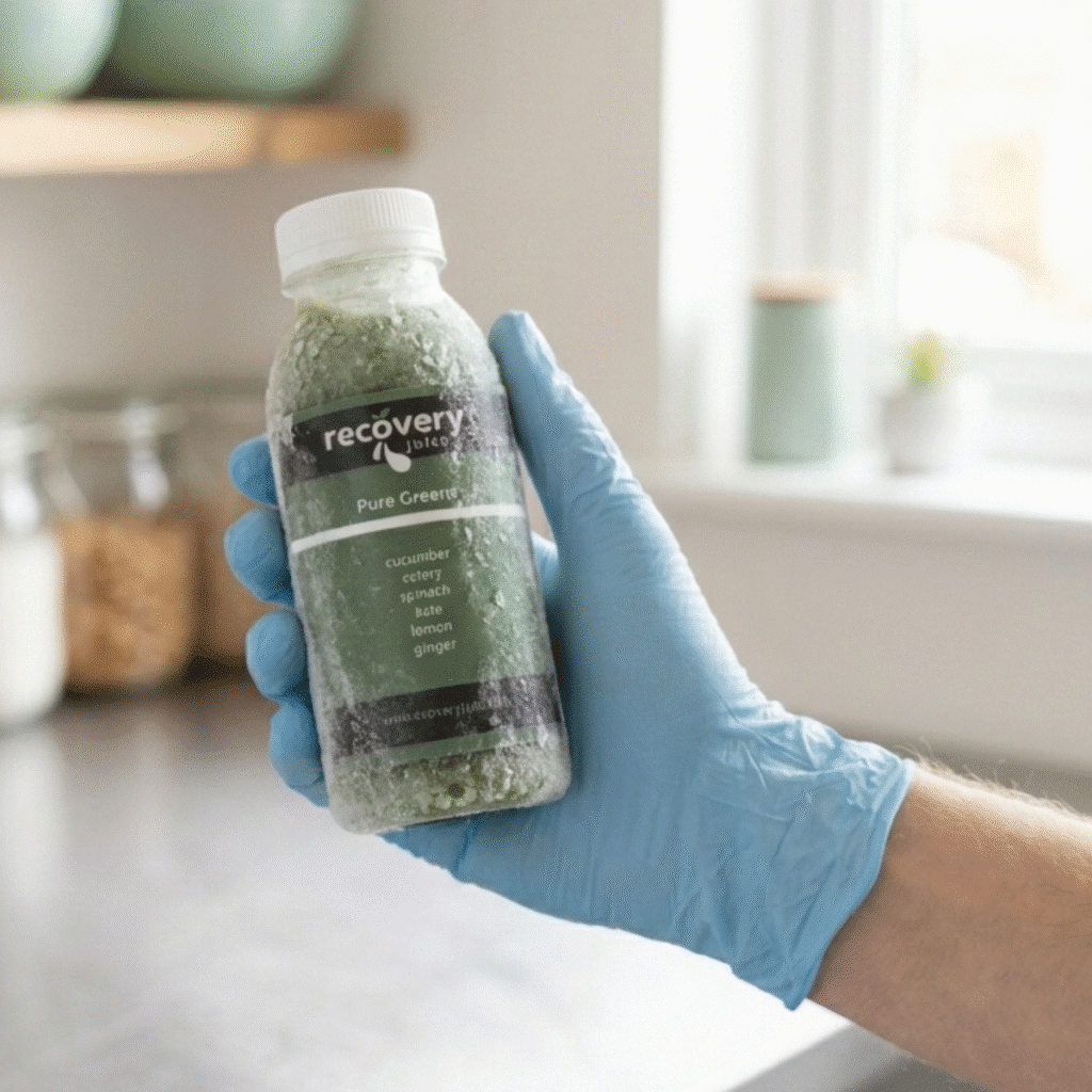 Gloved hand holding frozen Recovery Juice green cold-pressed juice bottle with visible frost in clean preparation environment