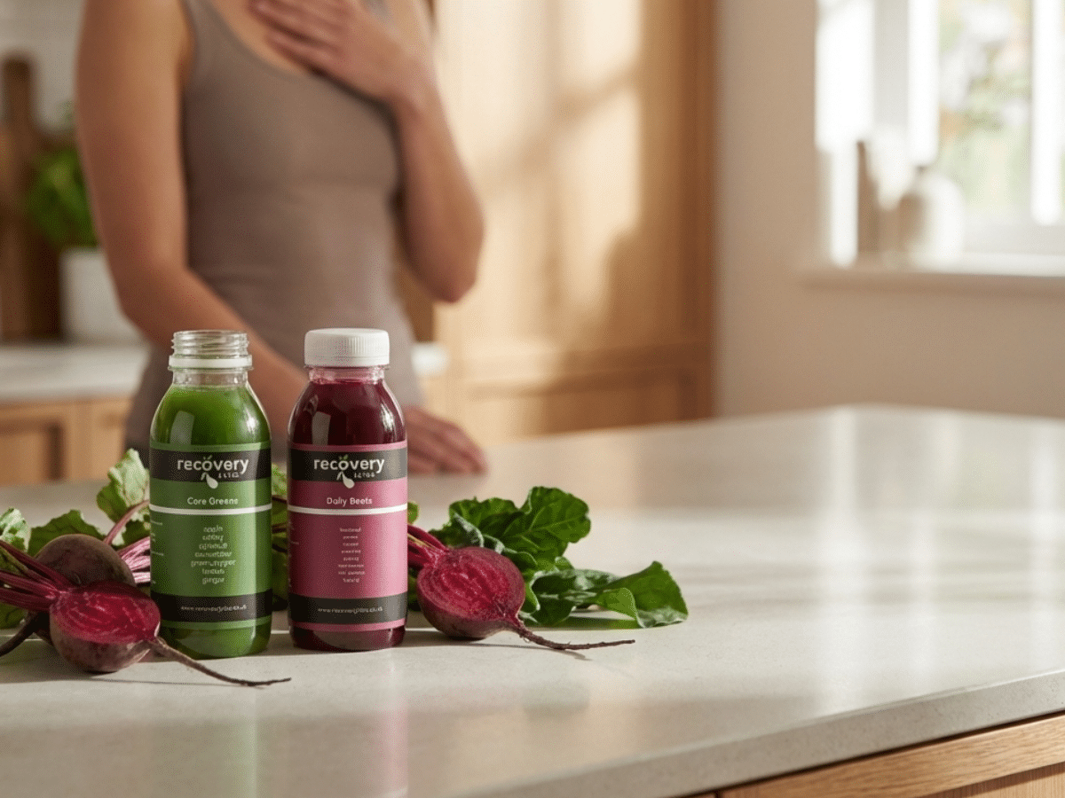 Cold-pressed beetroot and green juice bottles on a kitchen worktop for blood pressure support