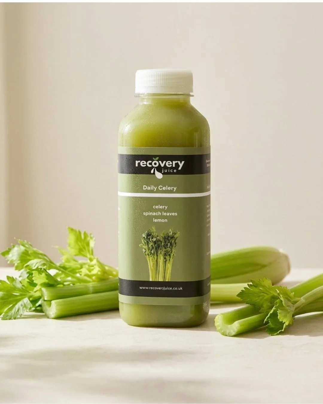 Recovery Juice Daily Celery cold-pressed celery juice with celery stalks