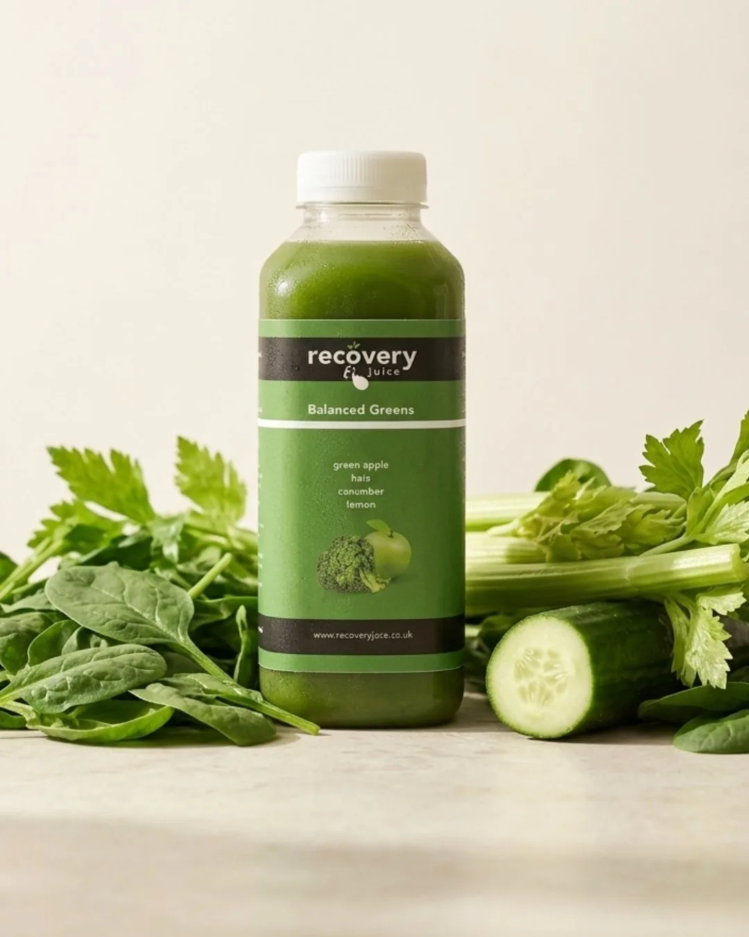 Recovery Juice Balanced Greens cold-pressed green juice with spinach, celery and cucumber