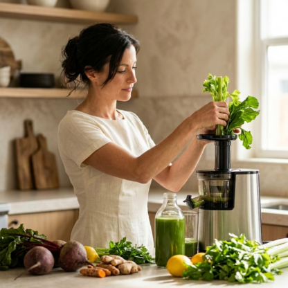Lou Stokely, founder and nutritional advisor at Recovery Juice, making cold-pressed juice with fresh produce