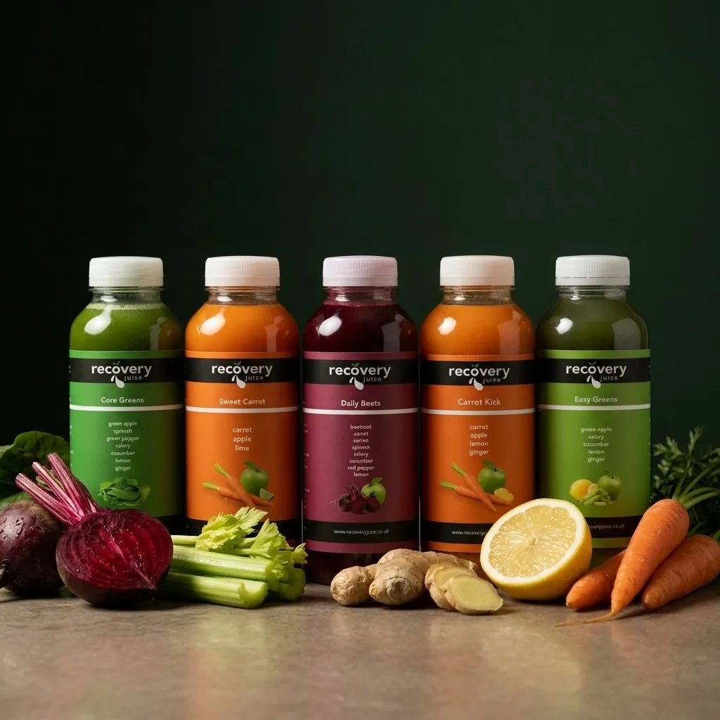 Five Recovery Juice cold-pressed juices with fresh beetroot, celery, ginger, lemon and carrots