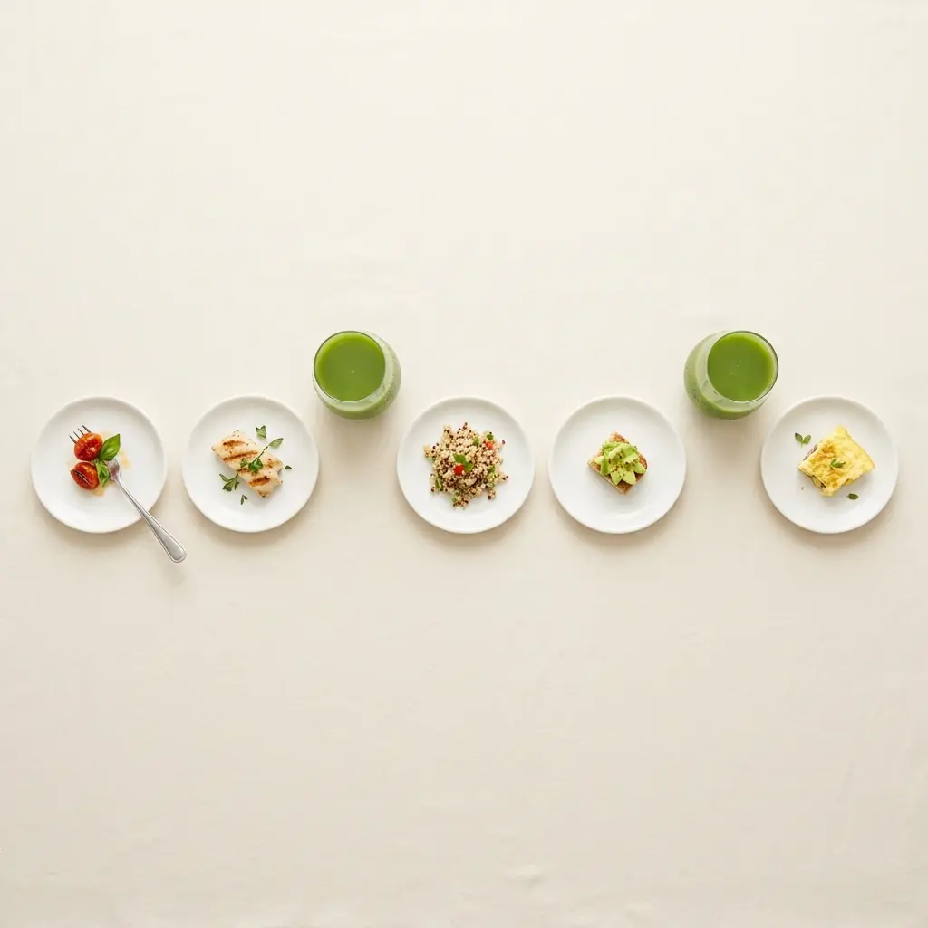 Cold-pressed vegetable juices and a glass of water arranged calmly for a lighter fasting day