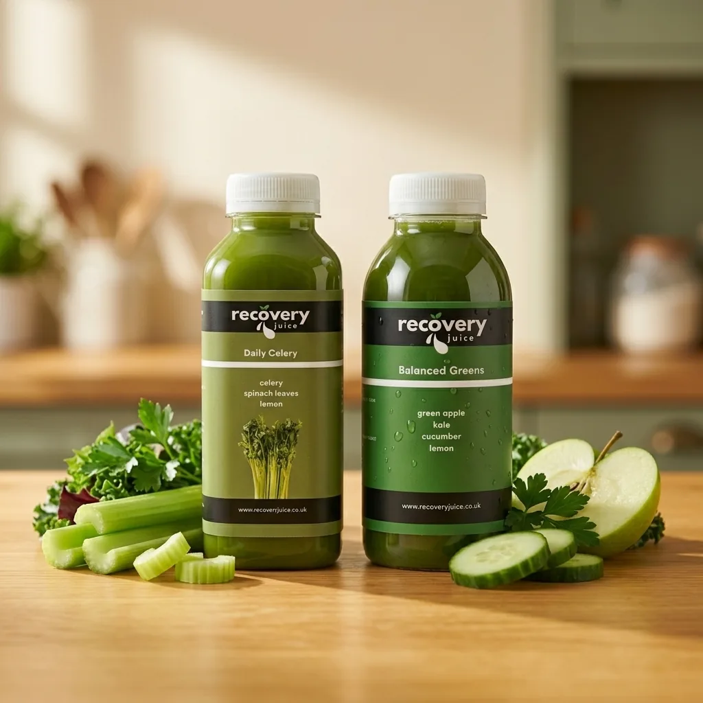 Recovery Juice Daily Celery and green vegetable cold-pressed juices with fresh celery and greens on a wooden kitchen counter