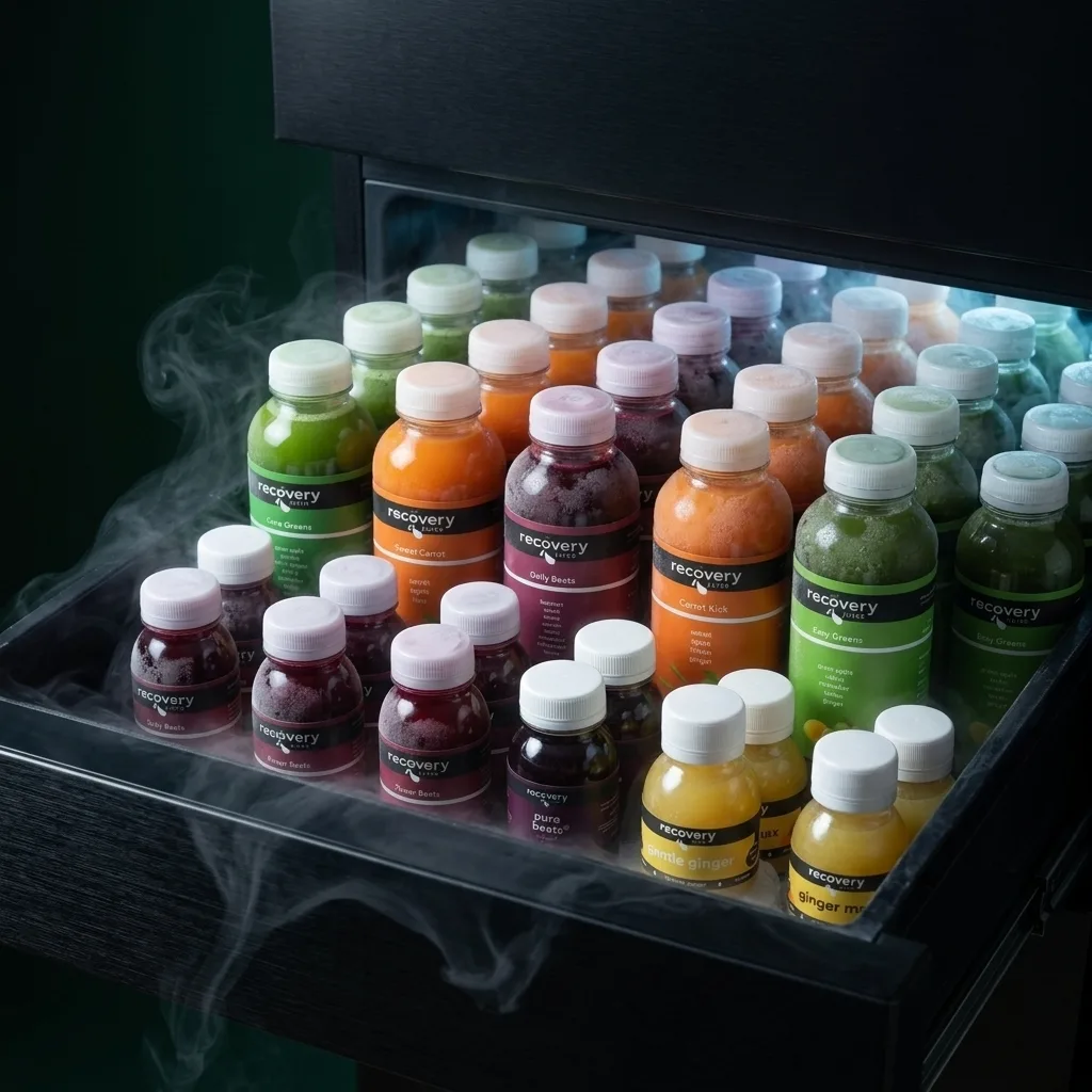Full range of Recovery Juice cold-pressed juices and shots, frosted in an open freezer drawer