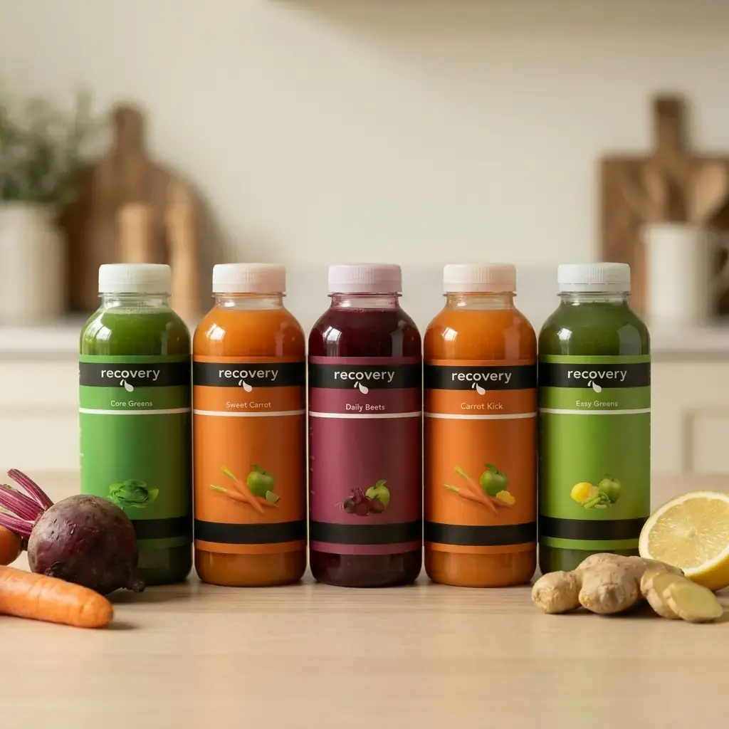 Five Recovery Juice cold-pressed juices in green, orange and beetroot red with a ginger shot, lined up on a wooden kitchen counter with fresh carrot, beetroot, apple, lemon and ginger