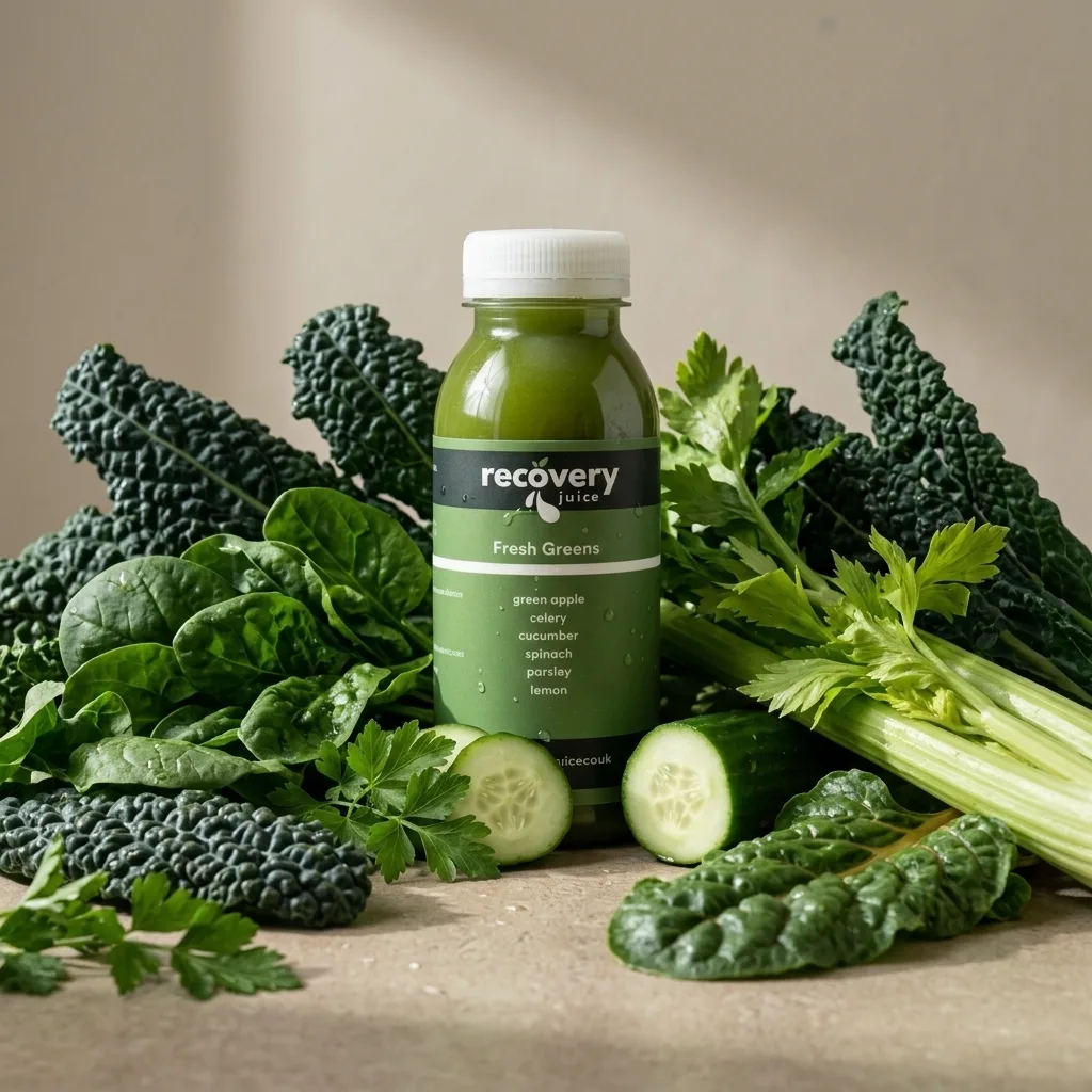 Cold-pressed green juice surrounded by fresh leafy greens, spinach, kale and parsley