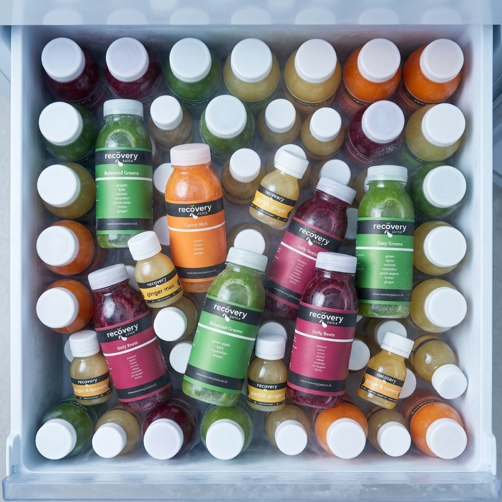 Freezer drawer packed with frozen cold-pressed juice bottles and shots in beetroot, green, ginger and carrot