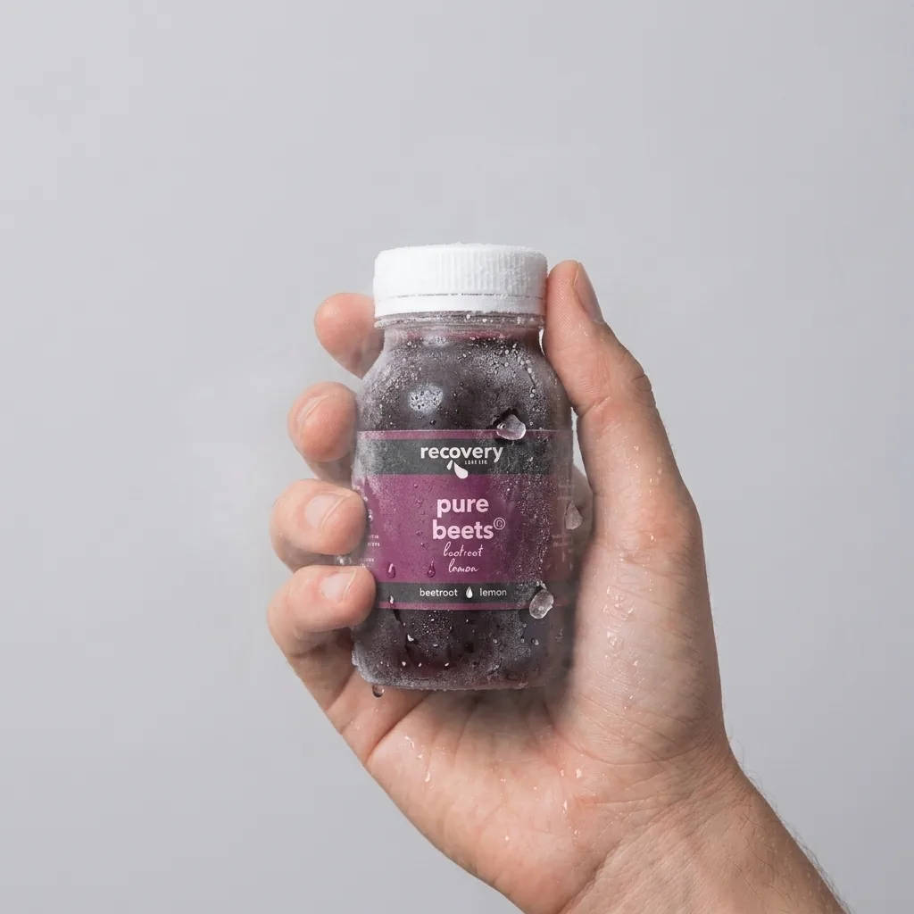 A frosted bottle of Recovery Juice Pure Beets cold-pressed beetroot juice, held in hand fresh from the freezer