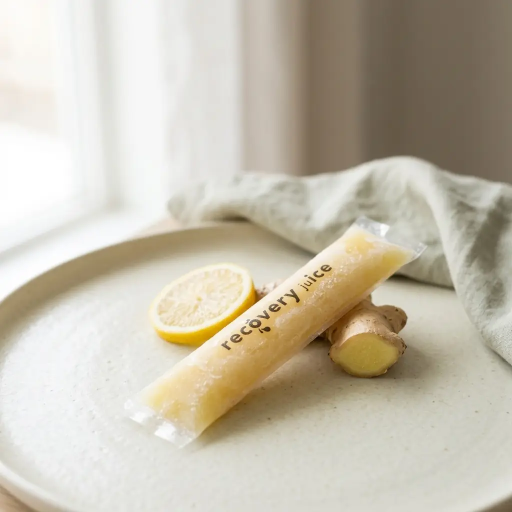 A frosted cold-pressed ginger ice pop on a cream surface beside fresh ginger root and a slice of lemon, in soft daylight