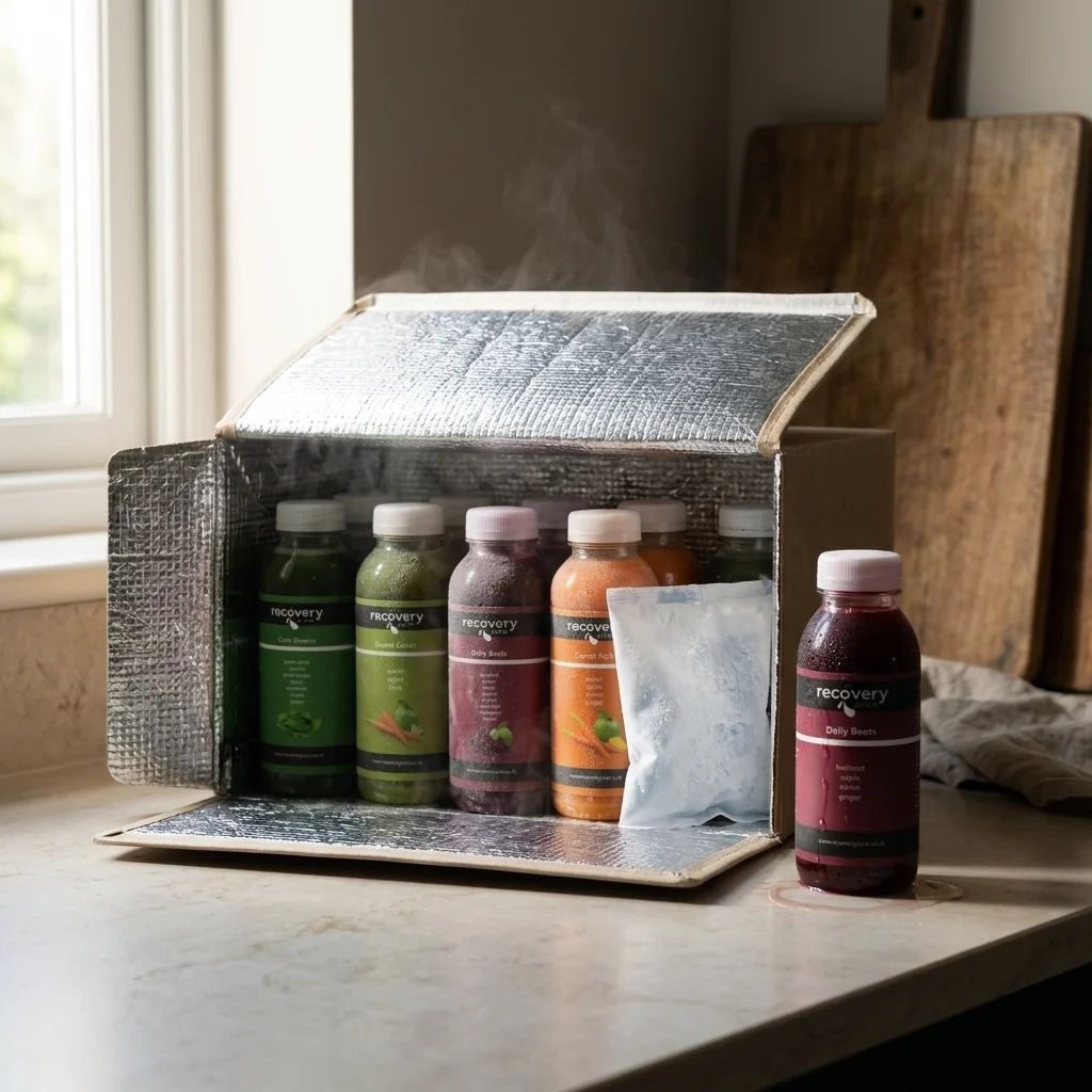 Insulated delivery box of frozen cold-pressed juice bottles with ice packs on a kitchen counter