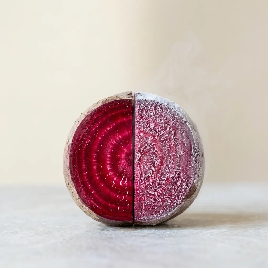 A beetroot cut in half, one side fresh and glossy, the other lightly frosted with ice crystals, both halves the same deep magenta