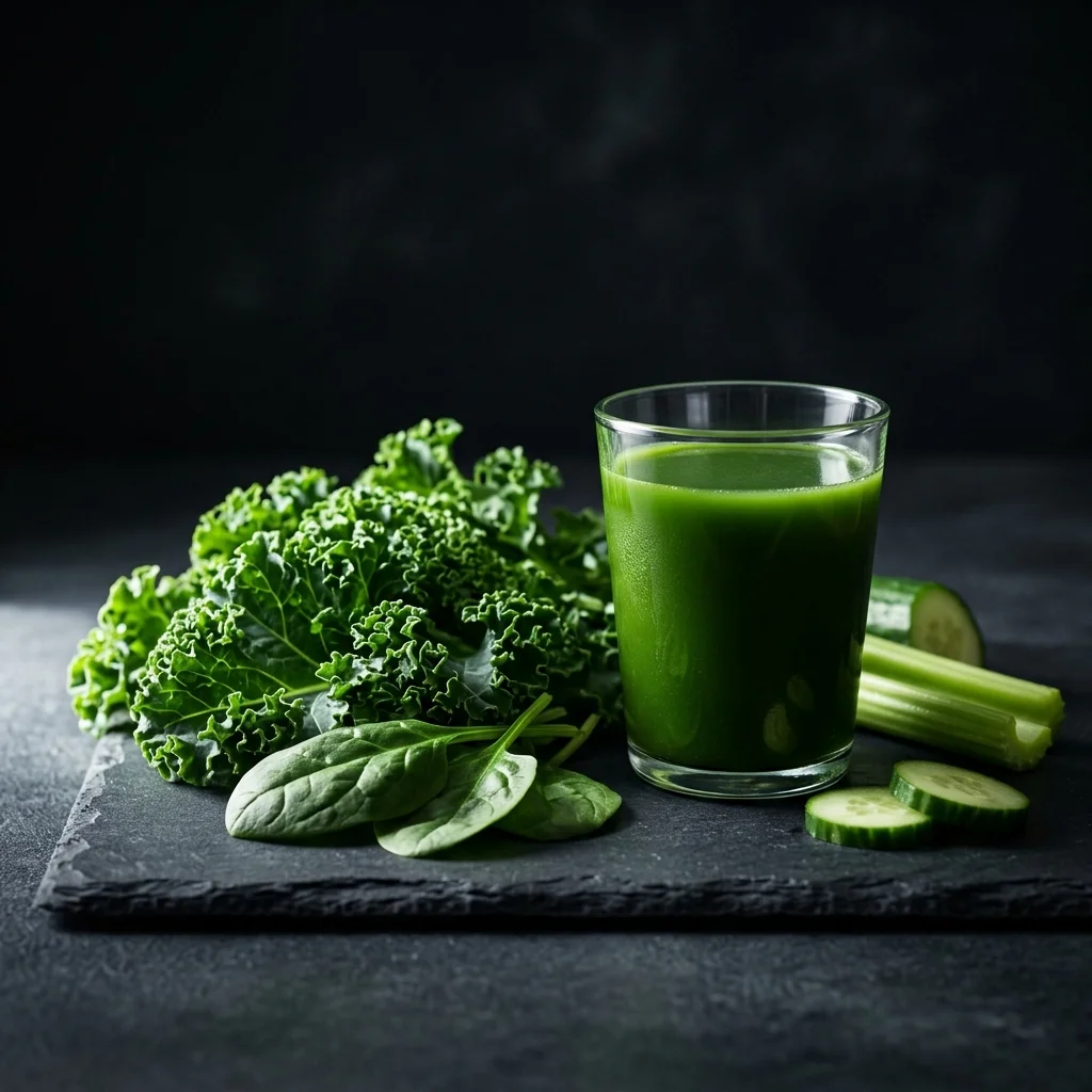 Fresh leafy greens beside a glass of vivid green cold-pressed juice