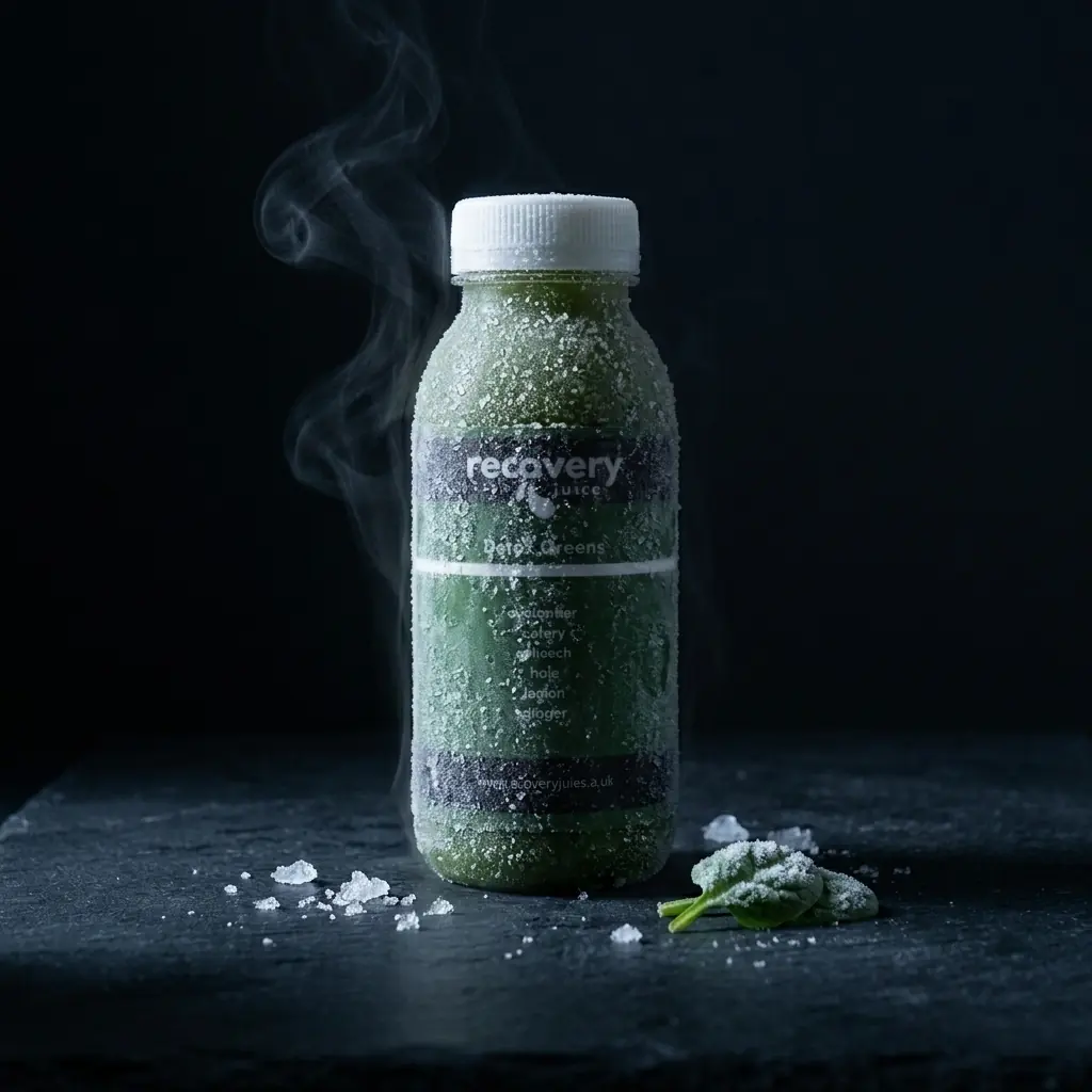 A cold-pressed juice bottle standing frosted with ice crystals and cold vapour on a dark surface, the deep-coloured juice glowing through the frost