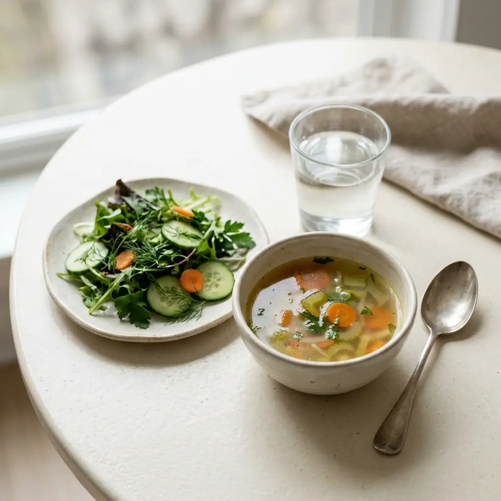A light fresh meal of vegetables and salad on a cream table in soft daylight, a gentle first plate of food after a cleanse
