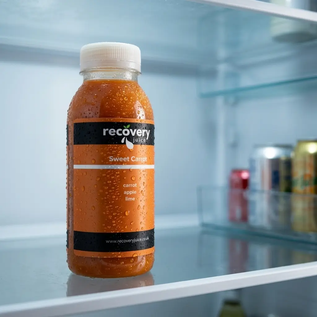 A cold-pressed juice bottle beaded with condensation on a fridge shelf, just defrosted and ready to drink, the deep-coloured juice visible through the glass
