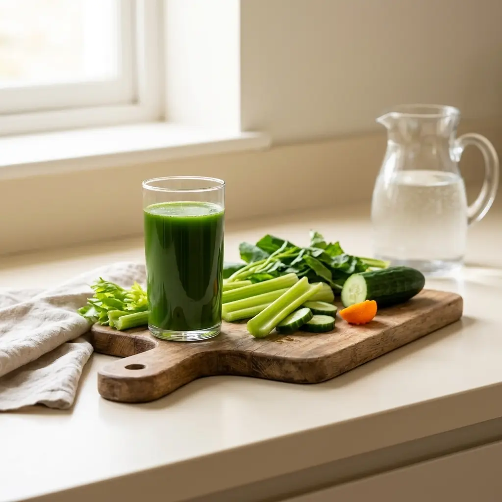 A glass of green cold-pressed juice on a kitchen counter beside part-prepared fresh vegetables and a jug of water in soft morning light