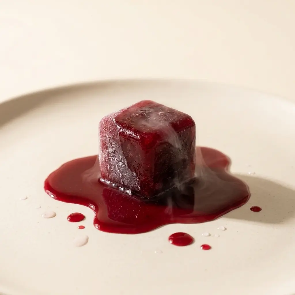 A partly melted cube of frozen beetroot-red cold-pressed juice on a pale surface, thawing into a glossy pool of red juice around its base
