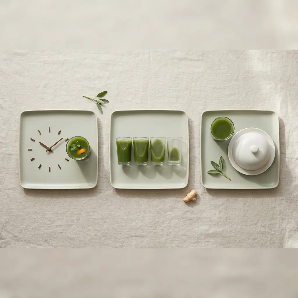 Three intermittent fasting patterns suggested as small arrangements: a daily window, lighter days and juice-then-a-meal