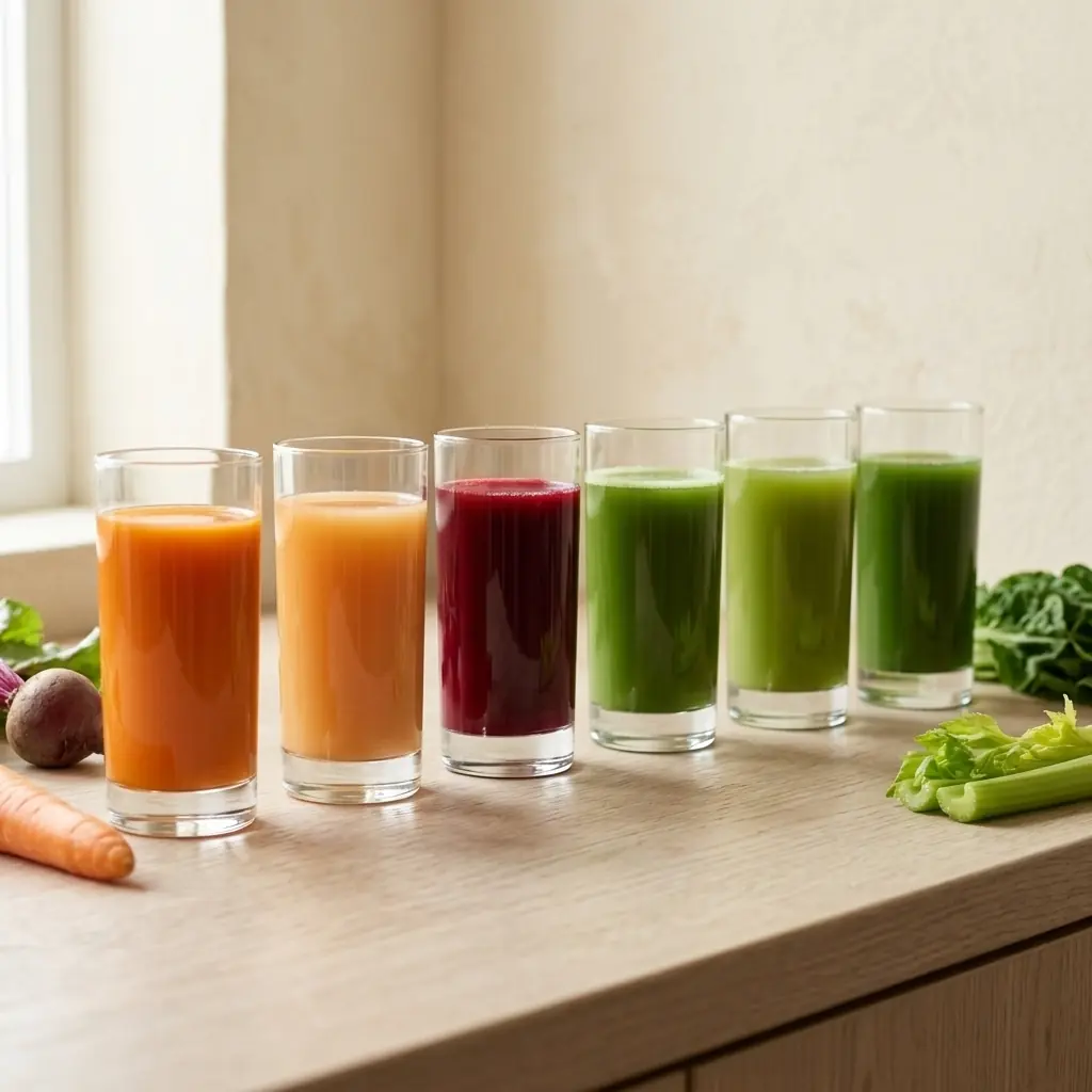 A row of cold-pressed juices in glasses along a kitchen counter, their colours graduating from carrot orange through beetroot red to green
