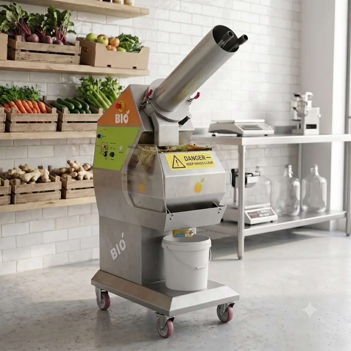 Recovery Juice's cold-press juicer in the juicery, with crates of fresh vegetables