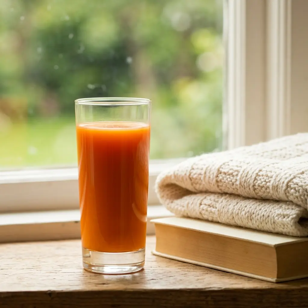 A glass of orange cold-pressed carrot juice on a windowsill in soft daylight, beside a folded blanket and a book, suggesting a slow restful day