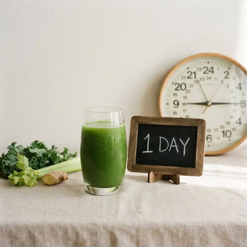 A glass of green juice beside a clock and a "1 Day" sign, illustrating a 1-day, 24-hour juice cleanse.