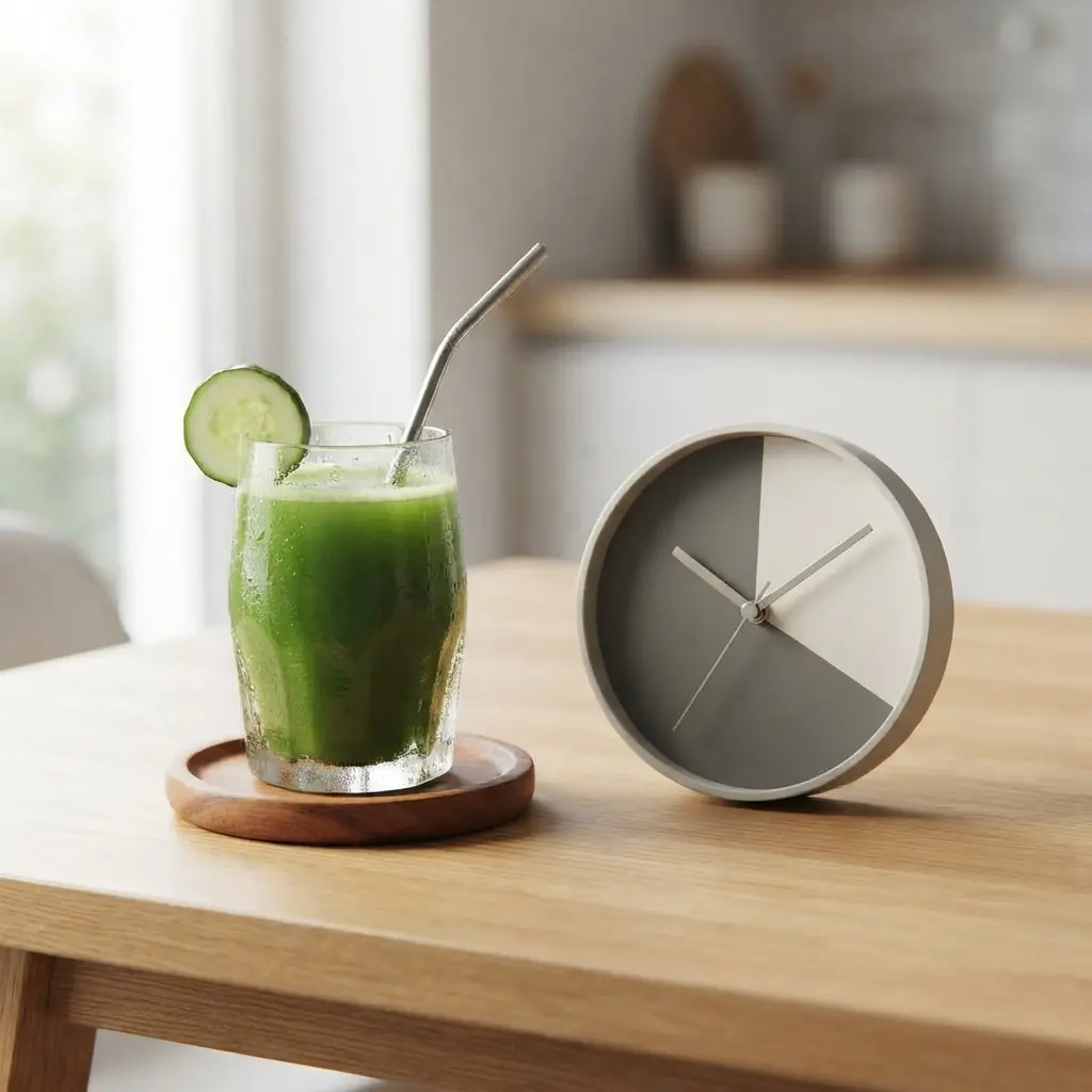 A glass of juice beside a clock split into a longer and a shorter section, illustrating a 16:8 daily eating window.