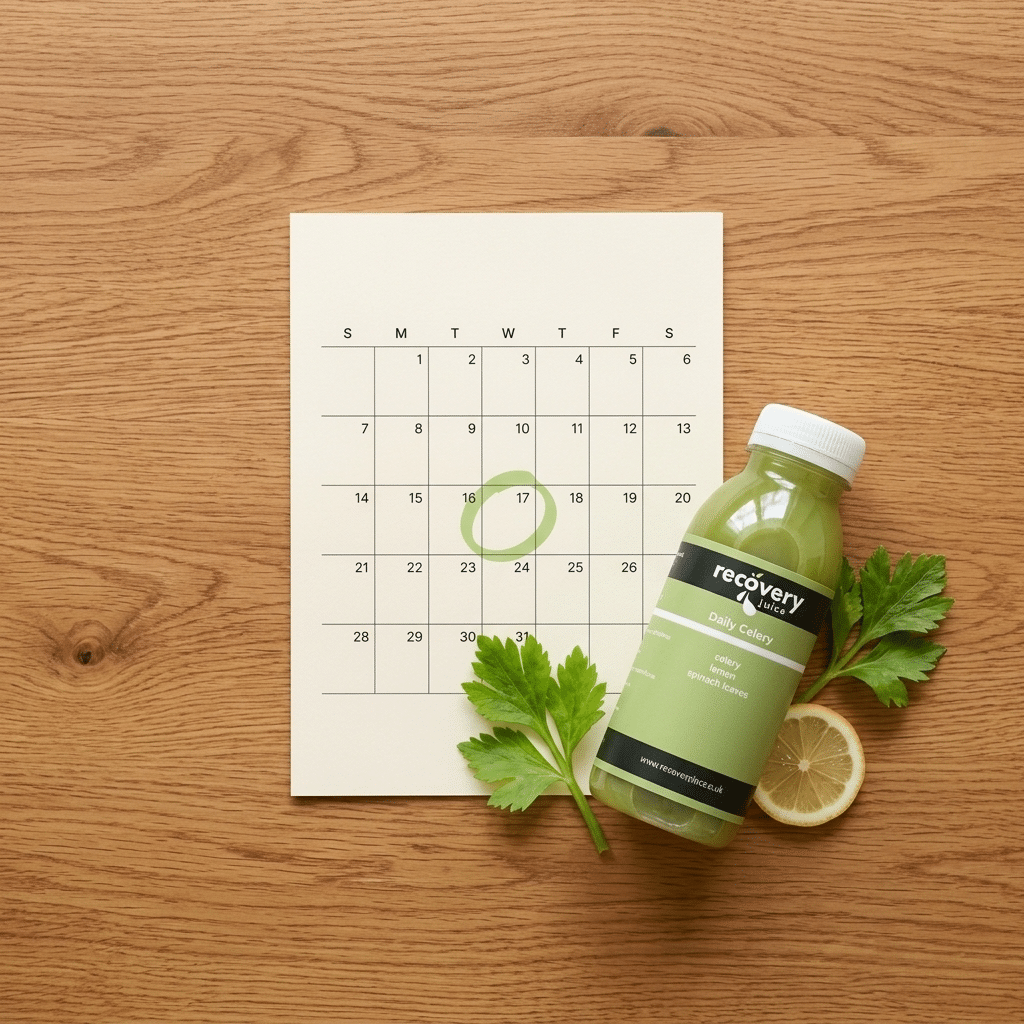 A single day circled on a calendar beside a glass of juice, illustrating a 24-hour juice fast.