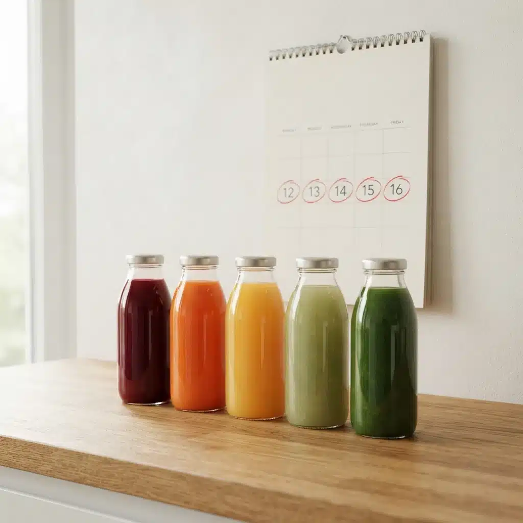Five cold-pressed juices in a row with a calendar showing five days circled, representing a 5-day juice cleanse.