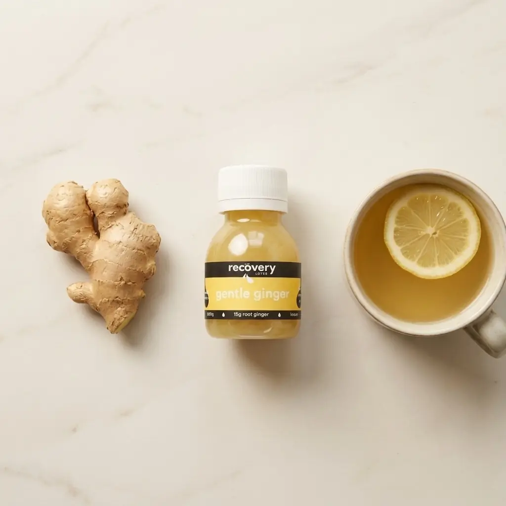 Fresh ginger root, a cold-pressed ginger shot bottle and a mug of ginger tea lined up side by side