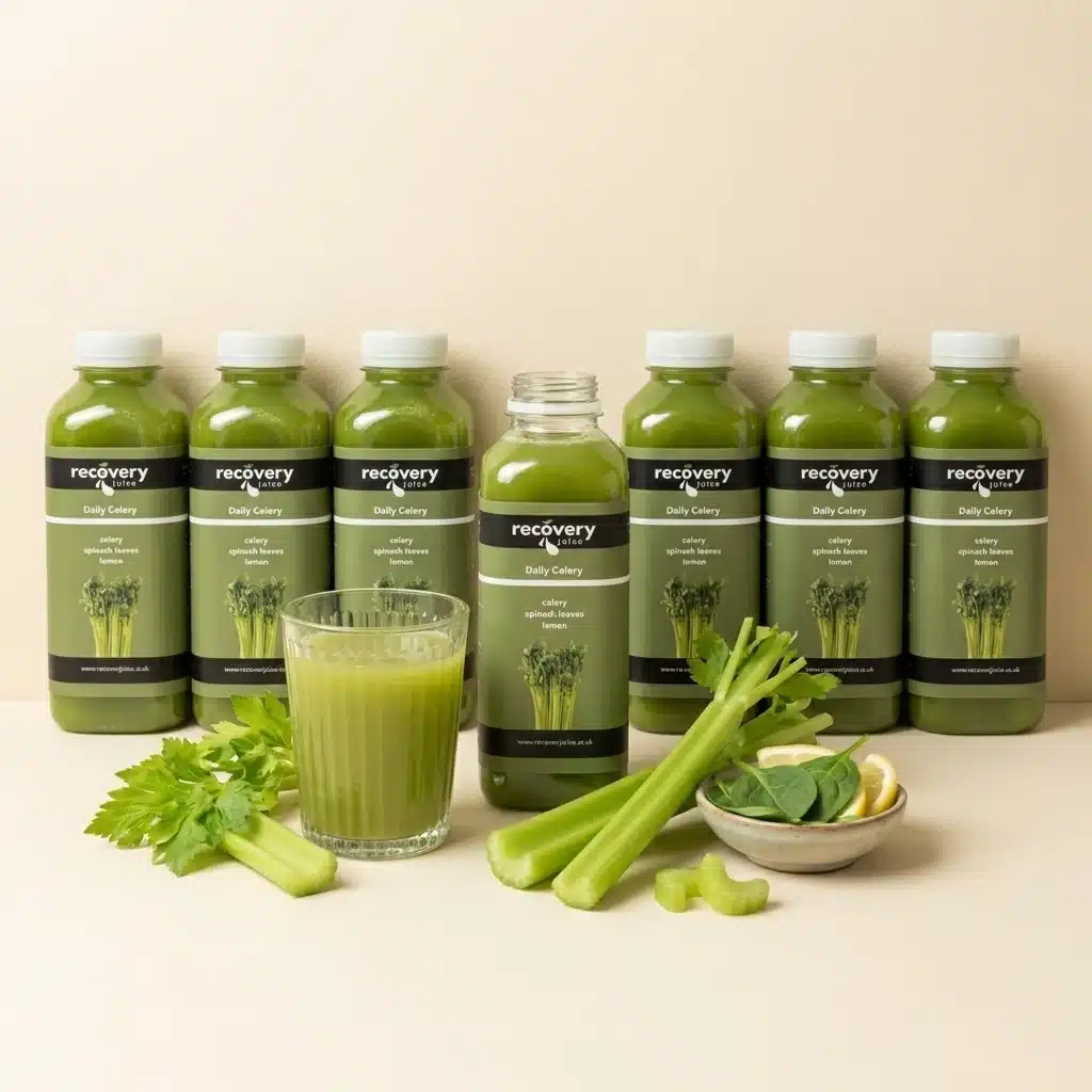 A row of cold-pressed celery juice bottles with one poured into a glass, showing a multi-day celery juice cleanse