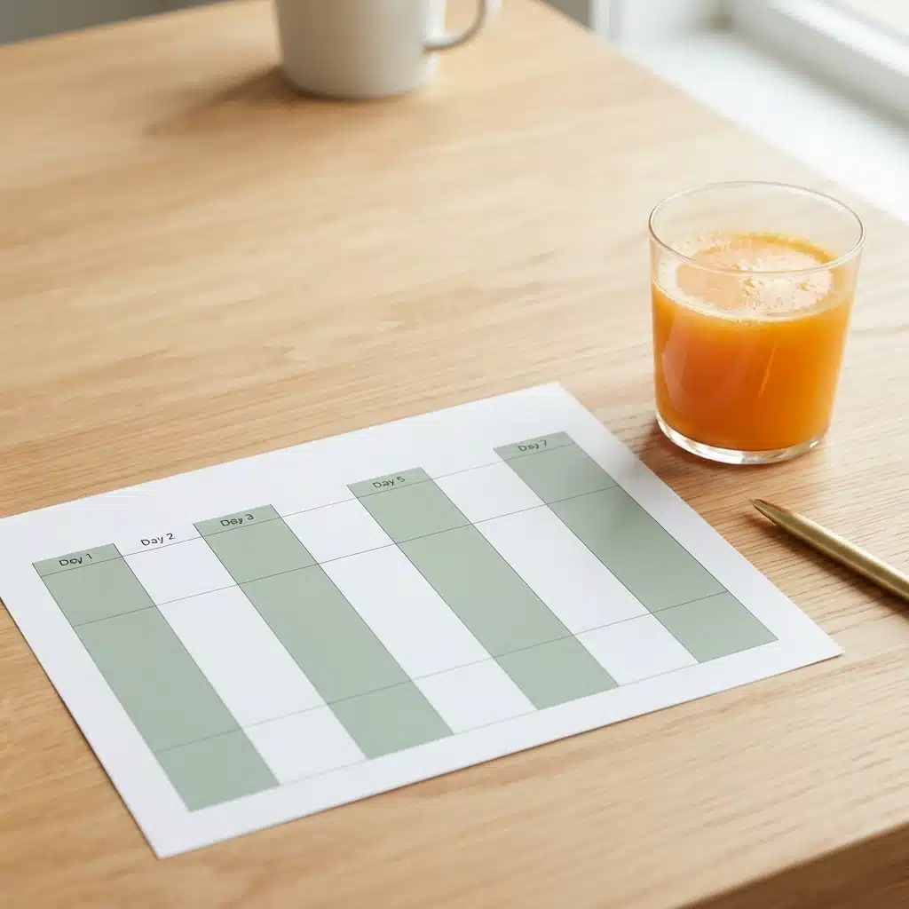 A planner with alternate days marked beside a glass of juice, illustrating alternate-day fasting with juice.