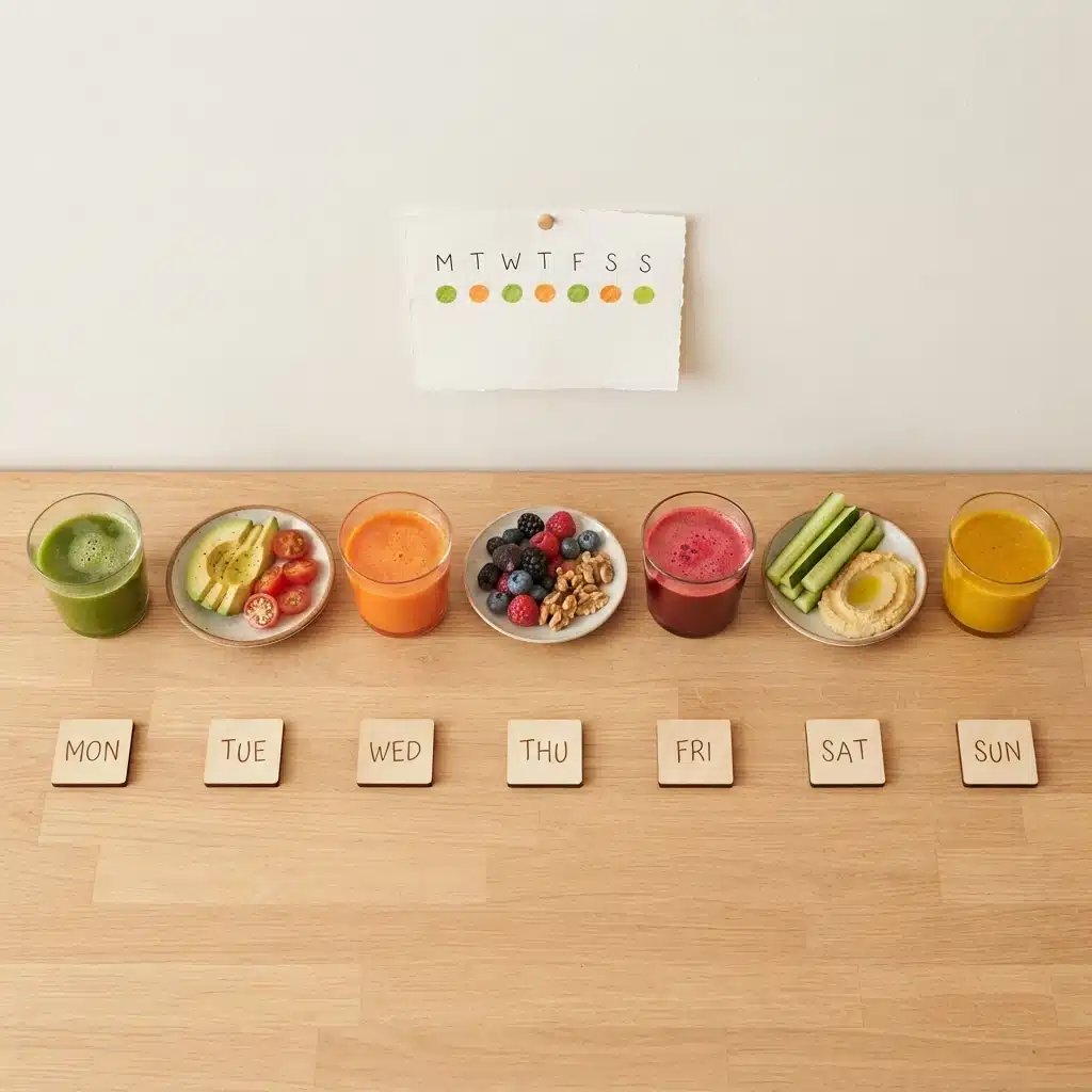 A row alternating between cold-pressed juice and plates of whole food across a week, showing an alternating juice cleanse.