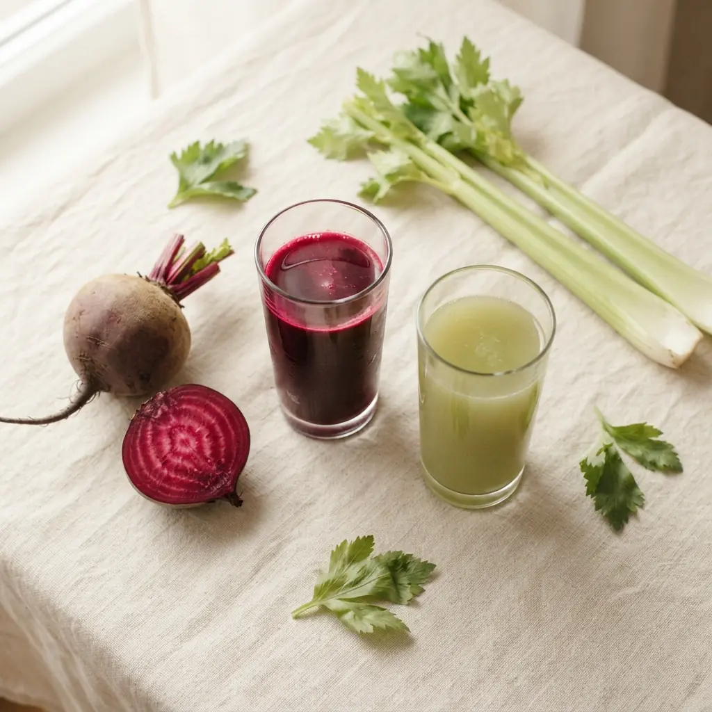 A glass of deep magenta beetroot juice beside a glass of pale green celery juice on cream linen, with raw beetroot and fresh celery stalks