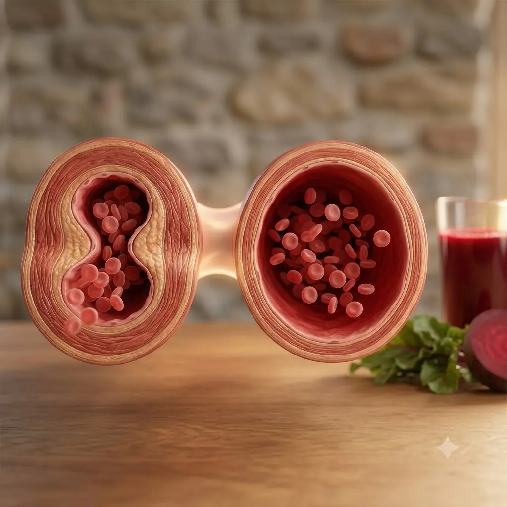 Anatomical visualisation of a constricted blood vessel on the left and a relaxed, open blood vessel on the right