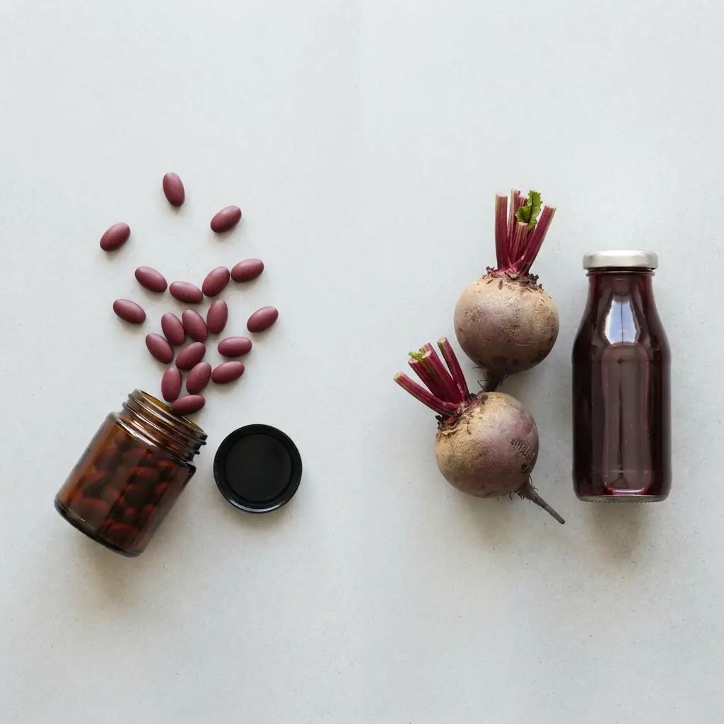 Beetroot supplement beads spilling from a jar beside two raw beetroot and a bottle of cold-pressed beetroot juice