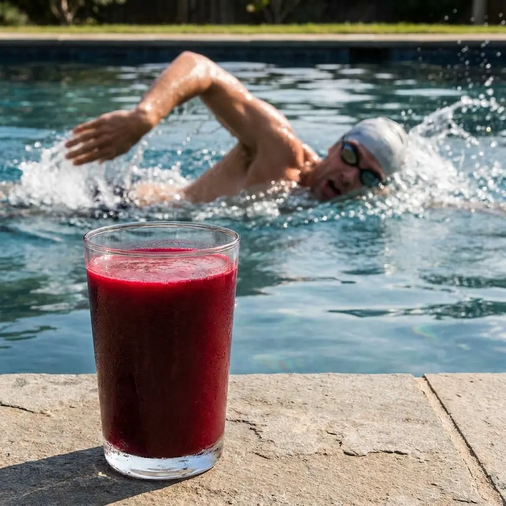 An athlete in mid-swimming stroke with a glass of deep-red beetroot juice in sharp focus in the foreground